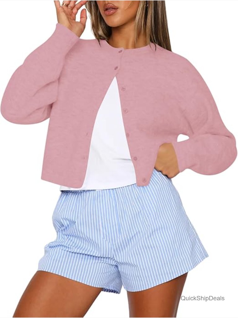 Cropped Cardigan Sweater Lightweight Knit Crew Neck Button Up